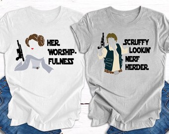Funny Sci-Fi Couple Shirts – Galactic Love Matching Tees – Scruffy Guy & Fierce Princess Outfit – Nerdy Gift for Him and Her