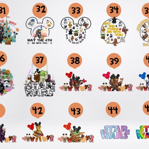 K&ouml;nnte beinhalten: Ein Set mit 15 digitalen Designs mit verschiedenen Star Wars-Charakteren und -Themen. Die Designs beinhalten Mickey-Maus-Ohren, ein Blumenarrangement und die Worte "Star Wars".