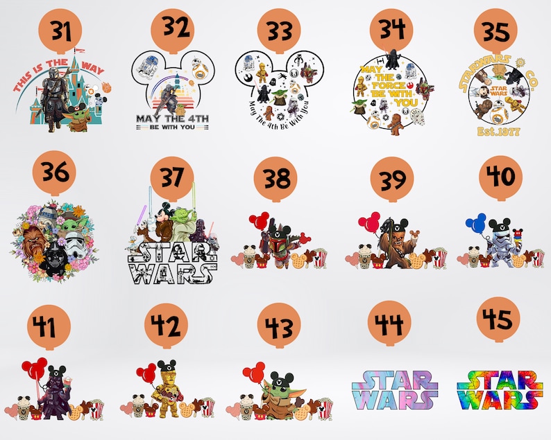 K&ouml;nnte beinhalten: Ein Set mit 15 digitalen Designs mit verschiedenen Star Wars-Charakteren und -Themen. Die Designs beinhalten Mickey-Maus-Ohren, ein Blumenarrangement und die Worte "Star Wars".