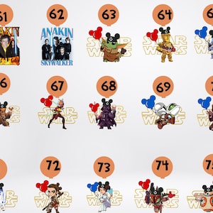 K&ouml;nnte beinhalten: Ein Set mit 15 druckbaren Bildern zum Thema Star Wars mit verschiedenen Charakteren aus dem Franchise. Jedes Bild enth&auml;lt einen Ballon mit Mickey-Maus-Ohren und dem Text "Star Wars".