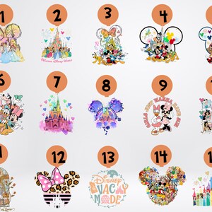 May include: A collection of 15 designs featuring Disney characters and themes. Designs include princesses, Mickey Mouse, Minnie Mouse, castles, and text such as "Disney Vacay Mode" and "Tale as old as time". Each design is set against a white background.
