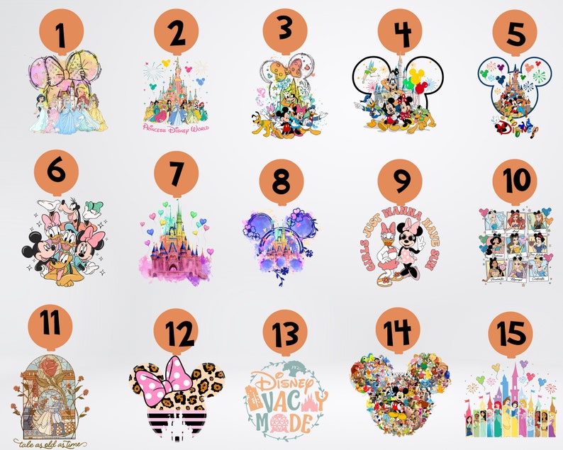 May include: A collection of 15 designs featuring Disney characters and themes. Designs include princesses, Mickey Mouse, Minnie Mouse, castles, and text such as "Disney Vacay Mode" and "Tale as old as time". Each design is set against a white background.