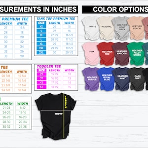 Op de afbeelding: Een tabel met maat- en meetgegevens voor unisex-, tanktop-, kinder-, peuter- en rompertjes. De tabel bevat lengte- en breedtemaat in inches. De tabel toont ook kleuropties voor de shirts, waaronder wit, naturel, lichtgrijs gem&ecirc;leerd, perzik gem&ecirc;leerd, mauve gem&ecirc;leerd, roze, rood gem&ecirc;leerd, bordeauxrood gem&ecirc;leerd, kellygroen gem&ecirc;leerd, donkerblauw gem&ecirc;leerd, paars gem&ecirc;leerd, koninklijkblauw gem&ecirc;leerd, marineblauw gem&ecirc;leerd, donkergrijs en zwart.
