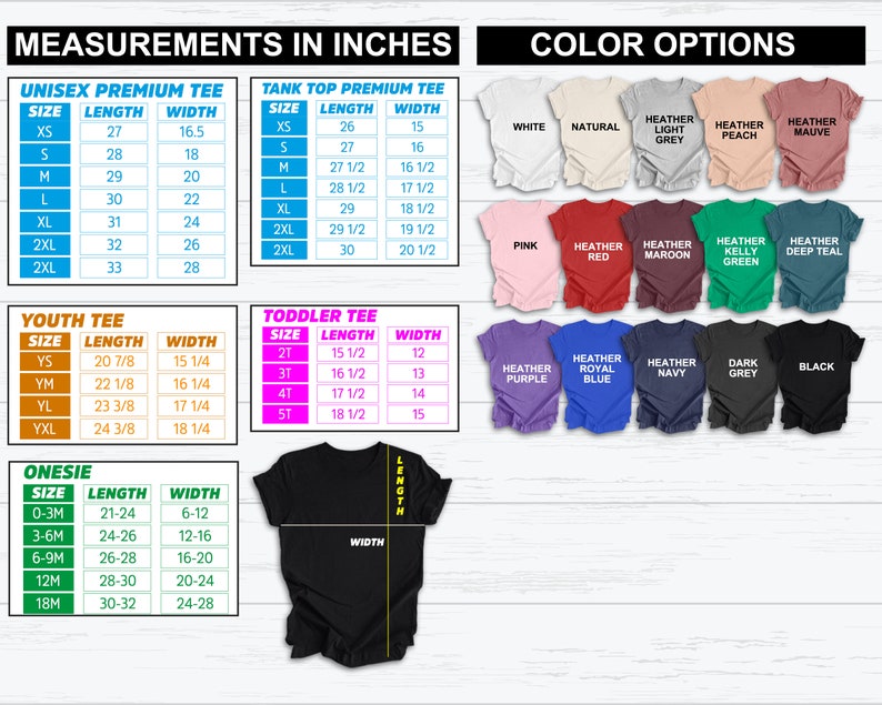 Op de afbeelding: Een tabel met maat- en meetgegevens voor unisex-, tanktop-, kinder-, peuter- en rompertjes. De tabel bevat lengte- en breedtemaat in inches. De tabel toont ook kleuropties voor de shirts, waaronder wit, naturel, lichtgrijs gem&ecirc;leerd, perzik gem&ecirc;leerd, mauve gem&ecirc;leerd, roze, rood gem&ecirc;leerd, bordeauxrood gem&ecirc;leerd, kellygroen gem&ecirc;leerd, donkerblauw gem&ecirc;leerd, paars gem&ecirc;leerd, koninklijkblauw gem&ecirc;leerd, marineblauw gem&ecirc;leerd, donkergrijs en zwart.
