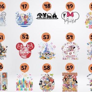 May include: A collection of Disney-themed designs, each within a circular frame. Designs include Disney characters, castles, and text such as "Auntie," "In My Princess Era," and "Mom Squad." The color palette is vibrant, featuring pastels and bold colors.