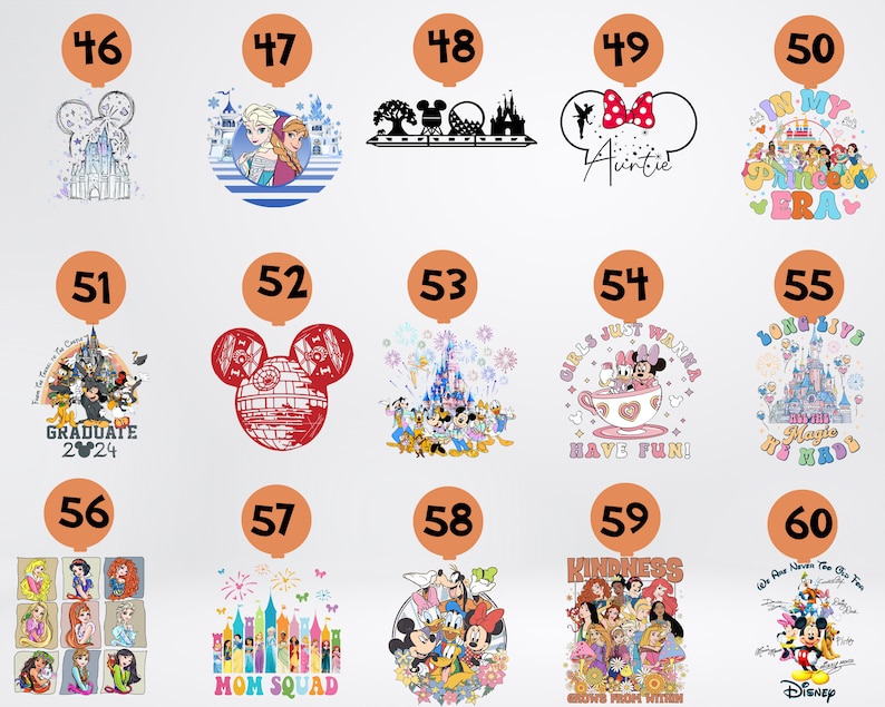 May include: A collection of Disney-themed designs, each within a circular frame. Designs include Disney characters, castles, and text such as "Auntie," "In My Princess Era," and "Mom Squad." The color palette is vibrant, featuring pastels and bold colors.
