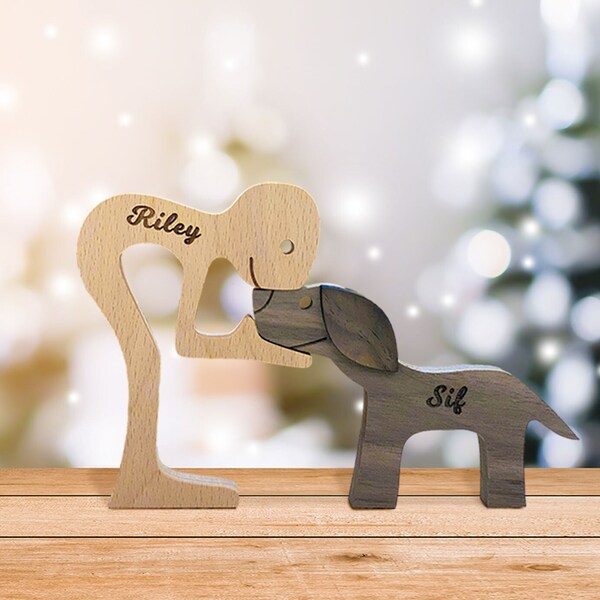 Custom Wooden Dog Ornament with Engraved Name, Personalized Dog Memorial Gifts, Wooden Dog Statue, Gift For Dog Lover/Dog Mom, Dog loss Gift