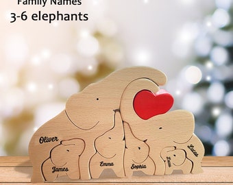 Rompecabezas familiar de elefantes personalizados, adorno familiar de elefantes de madera, juguetes de animales de madera, regalos de recuerdo familiar personalizados, regalo para mamá, regalo de bebé