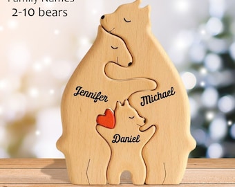 Personalisiertes Bärenfamilienpuzzle, Holzbärenfamilienornament, Holztierspielzeug, individuelle Familienandenkengeschenke, Geschenk für Mama, Babygeschenk, Geburtstag