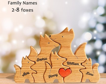 Rompecabezas familiar de zorros personalizados, adorno familiar de zorros de madera, juguetes de animales de madera, regalos de recuerdo familiar personalizados, regalo para mamá, regalo de bebé