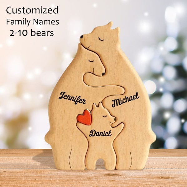 Personalisiertes Bärenfamilienpuzzle, Holzbärenfamilienornament, Holztierspielzeug, individuelle Familienandenkengeschenke, Geschenk für Mama, Babygeschenk, Geburtstag