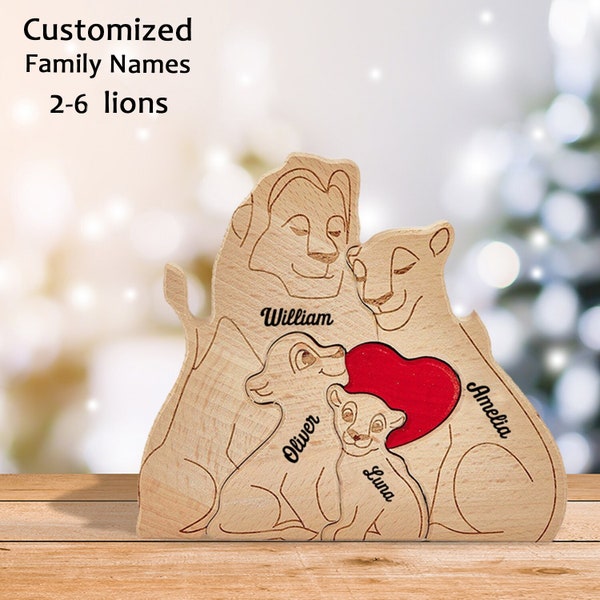 Puzzle personalizzato della famiglia dei leoni, ornamento della famiglia dei leoni in legno, giocattoli di animali in legno, regali ricordo della famiglia personalizzati, regalo per la mamma, regalo per bambini, compleanno