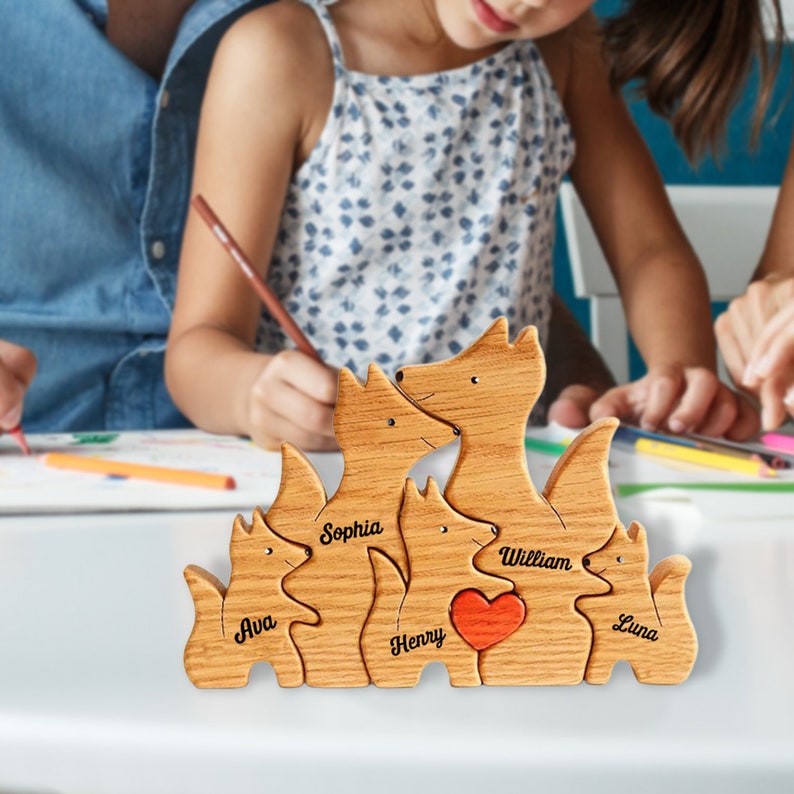 Custom Foxes Family Puzzle, Wooden Foxes Family Ornament, Wooden Animal Toys, Custom Family Keepsake Gifts, Gift for Mom, Baby Gift image 4