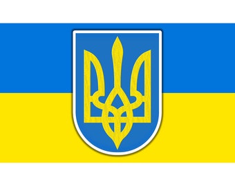 Bandiera ucraina con tridente/Tryzub – Adesivo/decalcomania per veicoli (5 x 2,63 pollici) Resistente all'acqua, ai raggi UV e al calore. Progettato e realizzato negli Stati Uniti.