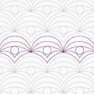 May include: A digital quilting pattern featuring a repeating design of overlapping circles and arches in a gray and purple color scheme. The pattern is titled "E2E NM ArtDeco Pearl Scallopes" and includes the copyright information "Copyright @ 2024 Natalia Majors www.SunstoneQuilting.com".