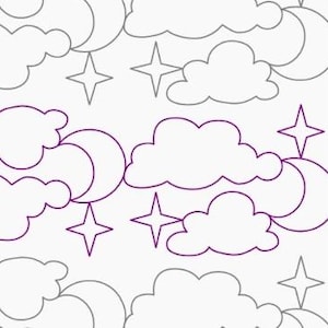 May include: Purple and gray outline of clouds and stars on a white background. The text "E2E NM Clouds and Stars Trimmable Copyright 2020 @ Sunstone Quilting.com" is at the bottom of the image.