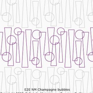 Può includere: Un modello di quilting digitale con un design geometrico di cerchi sovrapposti e linee verticali in tonalità di viola e grigio. Il modello è intitolato "E2E NM Champagne bubbles" e include le informazioni sul copyright "Copyright 2023 @ Natalia Majors www.SunstoneQuilting.com".
