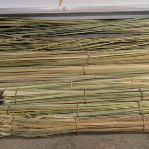 May include: Bundles of dried, natural, light green and tan colored reeds, tied together with wire. The reeds are arranged in stacks of varying sizes.