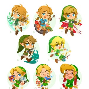Op de afbeelding: Acht cartoon illustraties van Link uit de Legend of Zelda-videogameserie. Elke illustratie toont Link in een andere pose en met verschillende items. De illustraties zijn rond met een witte achtergrond.
