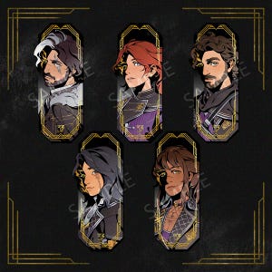 May include: Five character art prints with stylized portraits in a dark color palette. Each portrait is framed in a gold art deco style border. The characters have various hair colors and facial hair. The number "33" is visible on each print.
