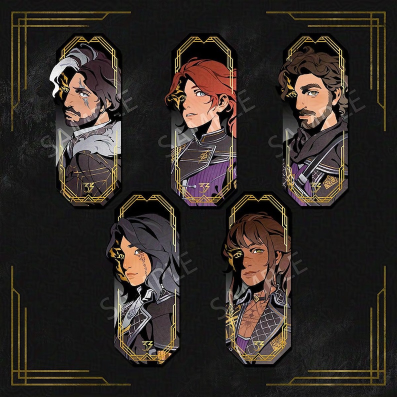 May include: Five character art prints with stylized portraits in a dark color palette. Each portrait is framed in a gold art deco style border. The characters have various hair colors and facial hair. The number "33" is visible on each print.