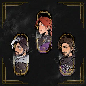 May include: Three illustrated character portraits in a vertical format. Each features a person with unique hairstyles and facial hair, set against a black background with gold art deco-style frames. The characters wear purple and black attire.