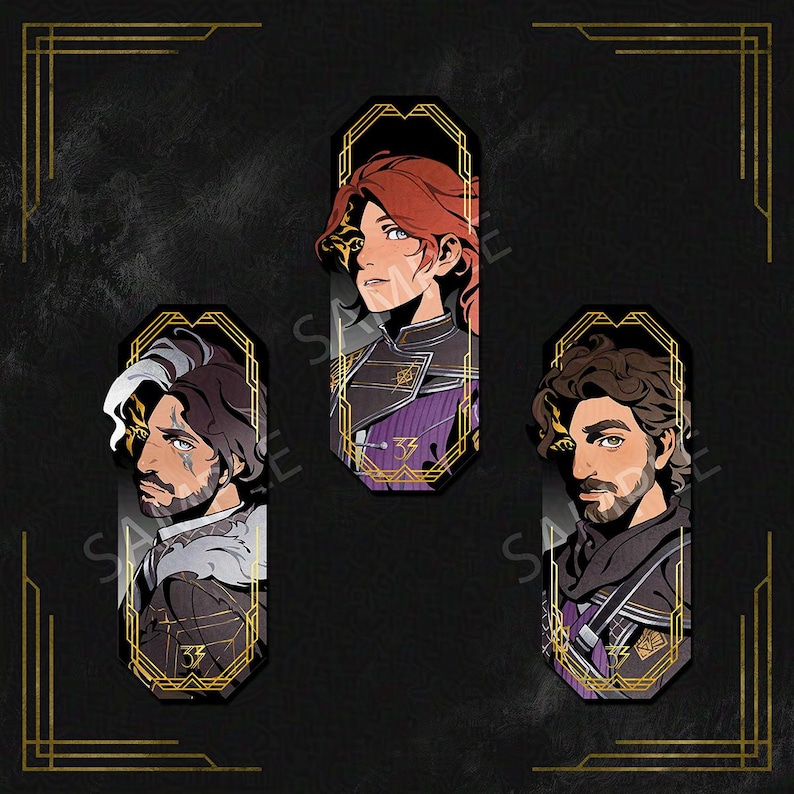 May include: Three illustrated character portraits in a vertical format. Each features a person with unique hairstyles and facial hair, set against a black background with gold art deco-style frames. The characters wear purple and black attire.