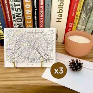 Lot de 3 cartes postales de Paris avec dorures, leurs trois enveloppes, cartographie artistique et romantique de Paris à offrir ou poster