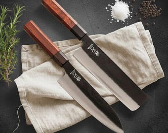 Juego de cuchillos de cocina japoneses de 2 piezas: Gyuto y Nakiri / Cuchillos de chef hechos a mano