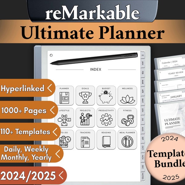 reMarkable 2 Templates Ultimate Planner Bundle 2024 2025 Hyperlinked Daily Weekly Monthly Planner Digital Notebook