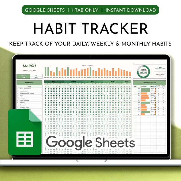 Plantilla de hoja de cálculo de seguimiento de hábitos Hojas de cálculo de Google Planificador de hábitos diario Planificador de objetivos Seguimiento de hábitos semanal digital Seguimiento de hábitos mensual digital