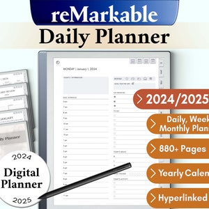 reMarkable 2 Daily Planner for 2024/2025 featuring dual-year overview, over 880 pages, and interactive pages including daily, weekly, and monthly planners, all enriched with hyperlinked navigation for efficiency.