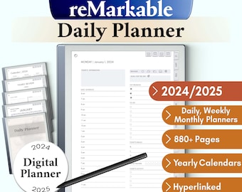 reMarkable 2 Daily Planner 2024 2025 Calendar Hyperlinked PDF reMarkable 2 Digital Planner Template