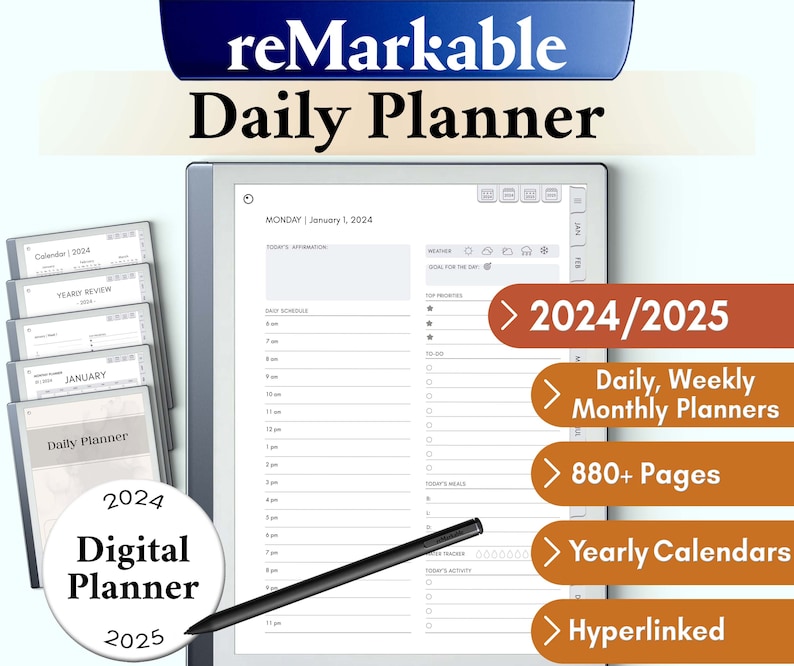reMarkable 2 Daily Planner for 2024/2025 featuring dual-year overview, over 880 pages, and interactive pages including daily, weekly, and monthly planners, all enriched with hyperlinked navigation for efficiency.