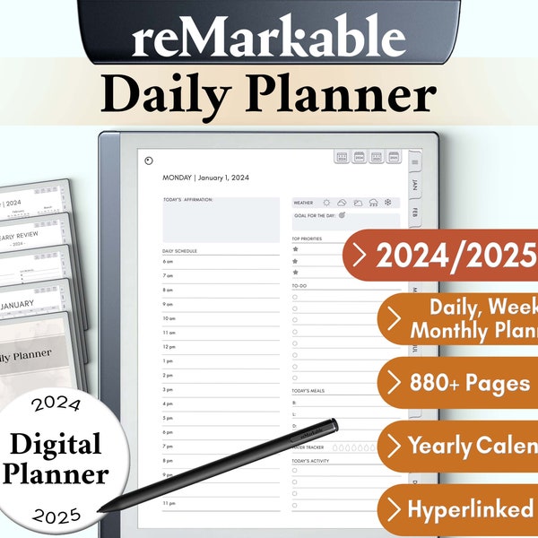 reMarkable 2 Tagesplaner 2024 2025 Kalender Hyperlink PDF reMarkable 2 Digitaler Planer Template