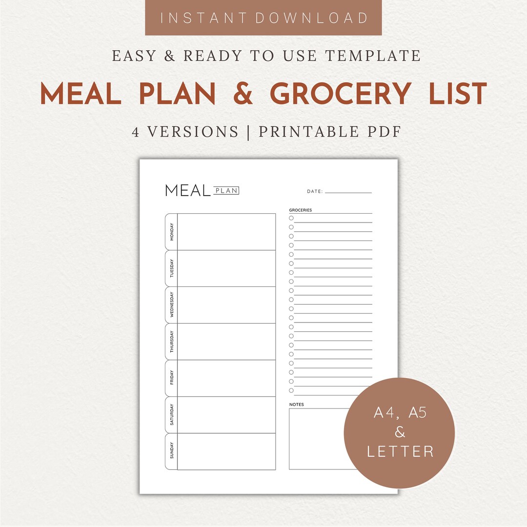 Weekly Meal Planner Printable: Grocery List, A4 A5 Letter (digital ...