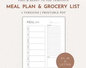 Planificateur de repas hebdomadaire avec liste de courses à imprimer A4 A5 Lettre Planificateur de repas Santé et forme physique Suivi de la productivité