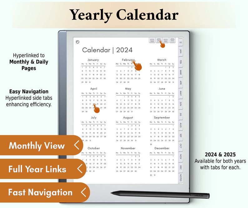 The reMarkable 2 Yearly Calendar page offers a holistic view of the entire year, enabling easy forward planning and date tracking, crucial for setting long-term goals on your reMarkable 2.