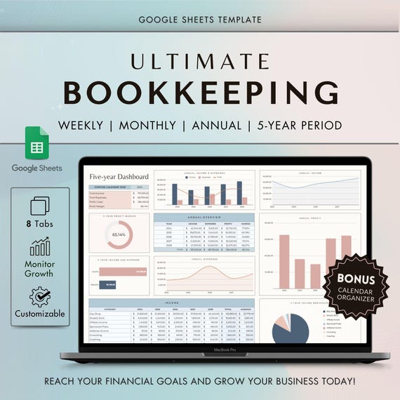 Ultimate Bookkeeping Spreadsheet Template Google Sheets Bookkeeping Tracker Income and Expense Sales Tax Accounting