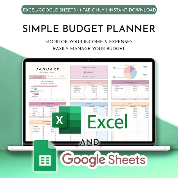 Planificador de presupuesto de Excel (Hojas de cálculo de Google) incluye: Hoja de cálculo de presupuesto mensual, semanal y quincenal (descarga digital)