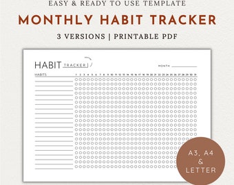 Monthly Habit Tracker Printable: A3 A4 Letter Sizes (Digital Download)