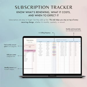 Keep every subscription organized in one table. Track auto-renewals, payment dates, frequencies, and total costs. Monthly and annual totals are calculated for you.