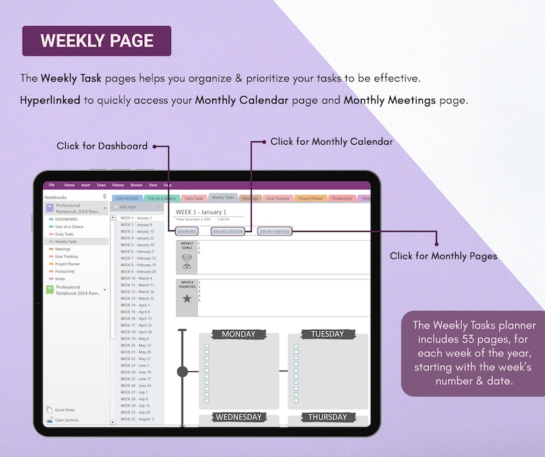 Experience enhanced organization with the OneNote Template 2024, where the weekly page feature provides a structured canvas to map out your weekly goals, tasks, and priorities with clarity and ease.