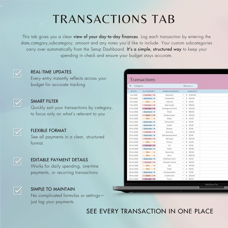 Log your daily transactions with dropdowns and color-coded subcategories. See your data instantly reflected in your budget—no manual math required.