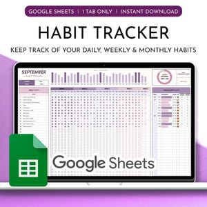 Gewoontetracker-spreadsheet voor Google Spreadsheets | Paarse editie | Sjabloon Dagelijks Wekelijks Maandelijks Digitale Planner Takenlijst