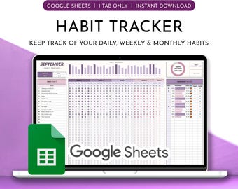 Purple Habit Tracker Spreadsheet: Daily, Weekly, Monthly (Google Sheets Digital Download)