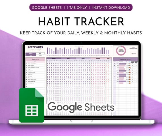 Purple Habit Tracker Spreadsheet: Daily, Weekly, Monthly (Google Sheets Digital Download)
