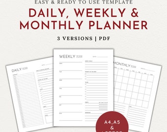 Daily Planner Weekly Planner Monthly Planner Printable Planner Set A4 A5 Letter Instant Download Productivity Tracker