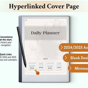 The reMarkable 2 Hyperlinked Cover Page offers instant access to both years' plans and calendars, streamlining the navigation and enhancing the user's planning experience.