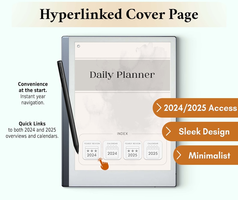 The reMarkable 2 Hyperlinked Cover Page offers instant access to both years' plans and calendars, streamlining the navigation and enhancing the user's planning experience.